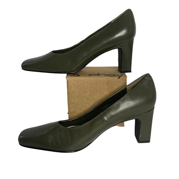 Karen Scott Soft Step Chunky Heels 7 Leather Green Square Toe 38PE - Picture 2 of 5